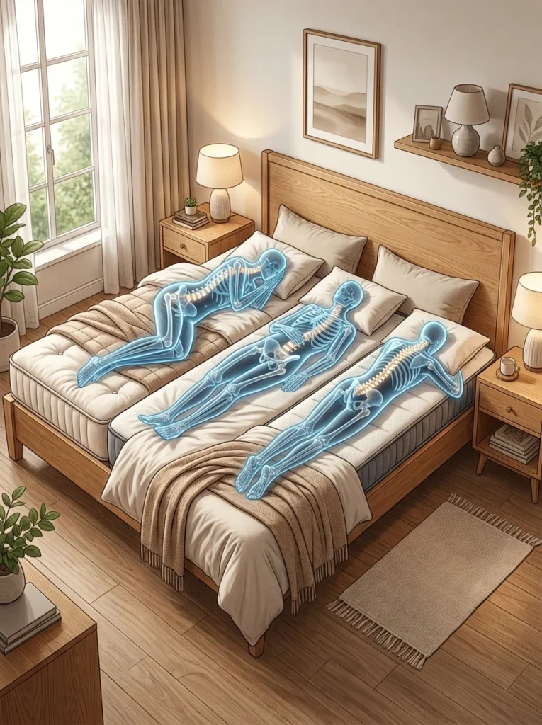 Different sleeping positions showing the ideal mattress firmness for proper spinal support.