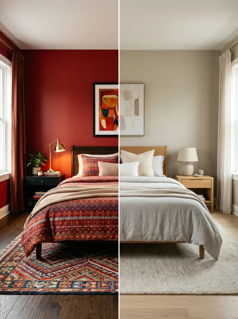 Comparison of bright and muted bedroom wall colors for sleep comfort.
