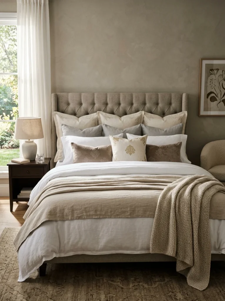 Proper pillow layering with euro shams, sleeping pillows, and decorative cushions.
