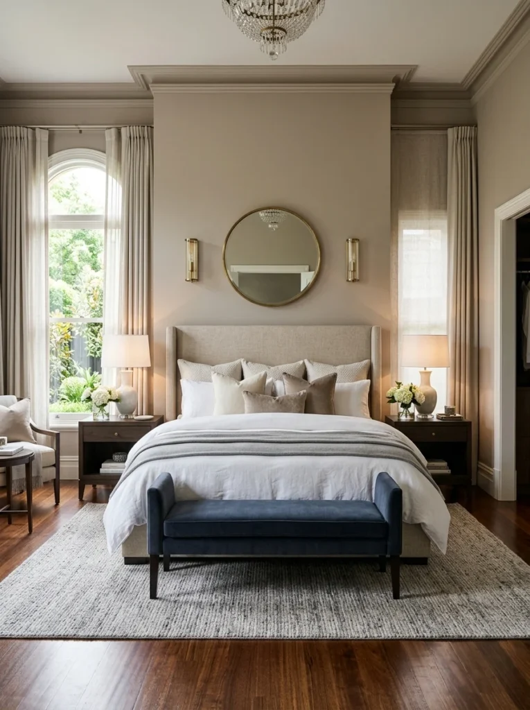 Symmetrical bedroom design featuring matching bedside tables on both sides of the bed.