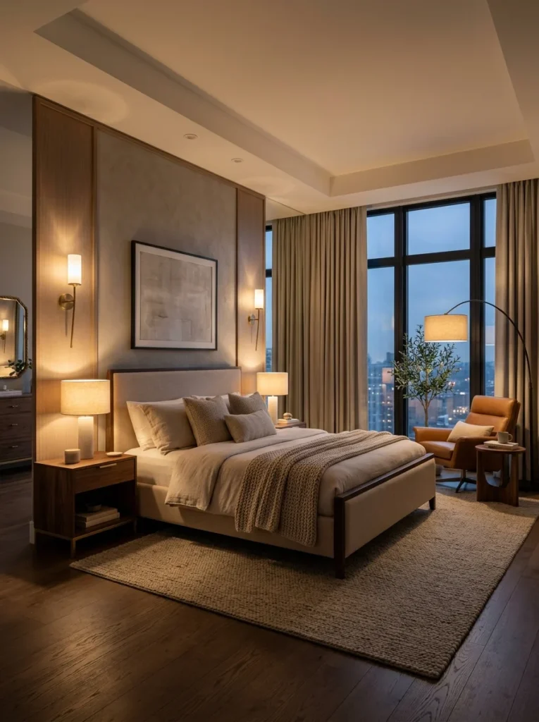 Bedroom featuring bedside lamps, floor lamp, and wall sconces for layered lighting.
