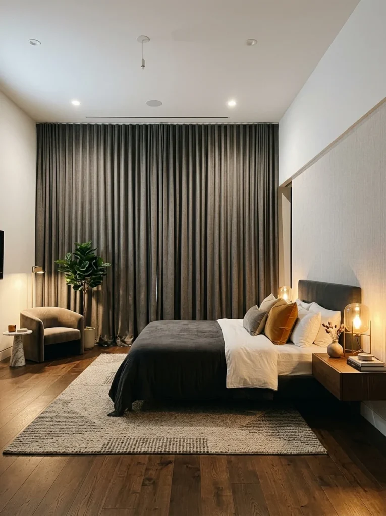 Floor-to-ceiling blackout curtains installed for maximum light blocking.
