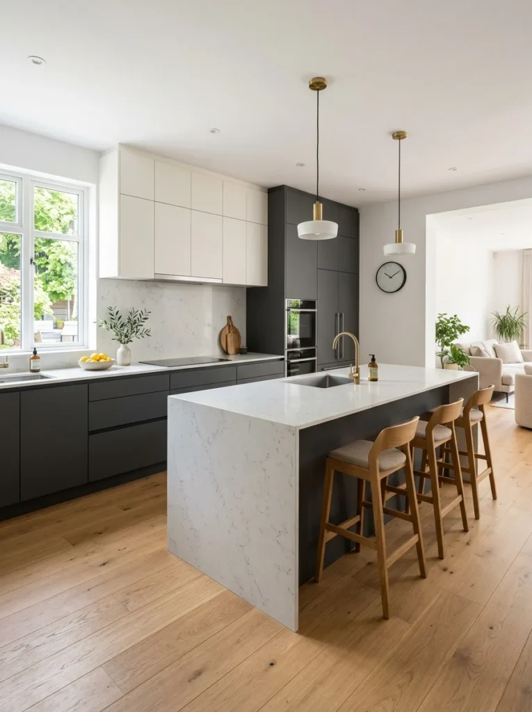 Kitchen with dark lower cabinets and light upper cabinets creating balanced contrast.