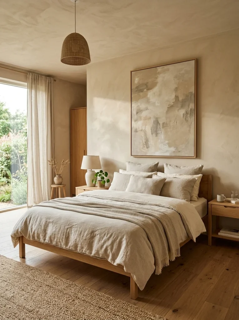 Warm minimalist bedroom featuring one large framed artwork and clean, cozy interior styling.