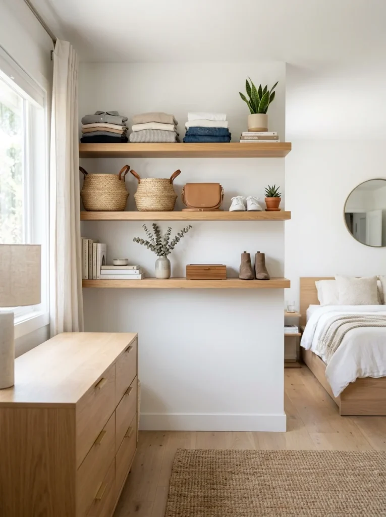 Wall-mounted shelves storing folded clothes, baskets, and accessories in a bedroom.