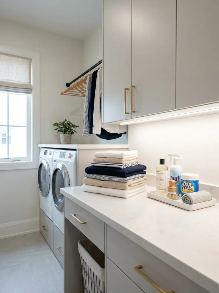 Bright task lighting installed above a laundry folding counter for easier stain inspection and clothing care.