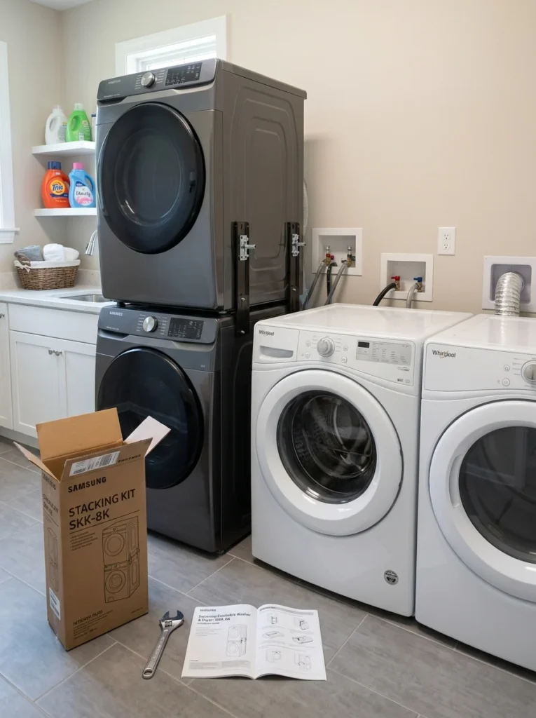 Stacking kit displayed beside stackable and side-by-side laundry appliances.