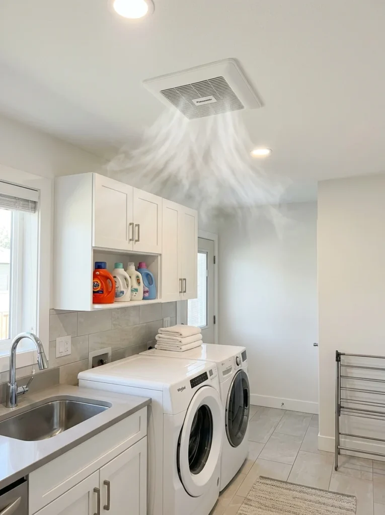 Exhaust fan improving ventilation in a residential laundry room.