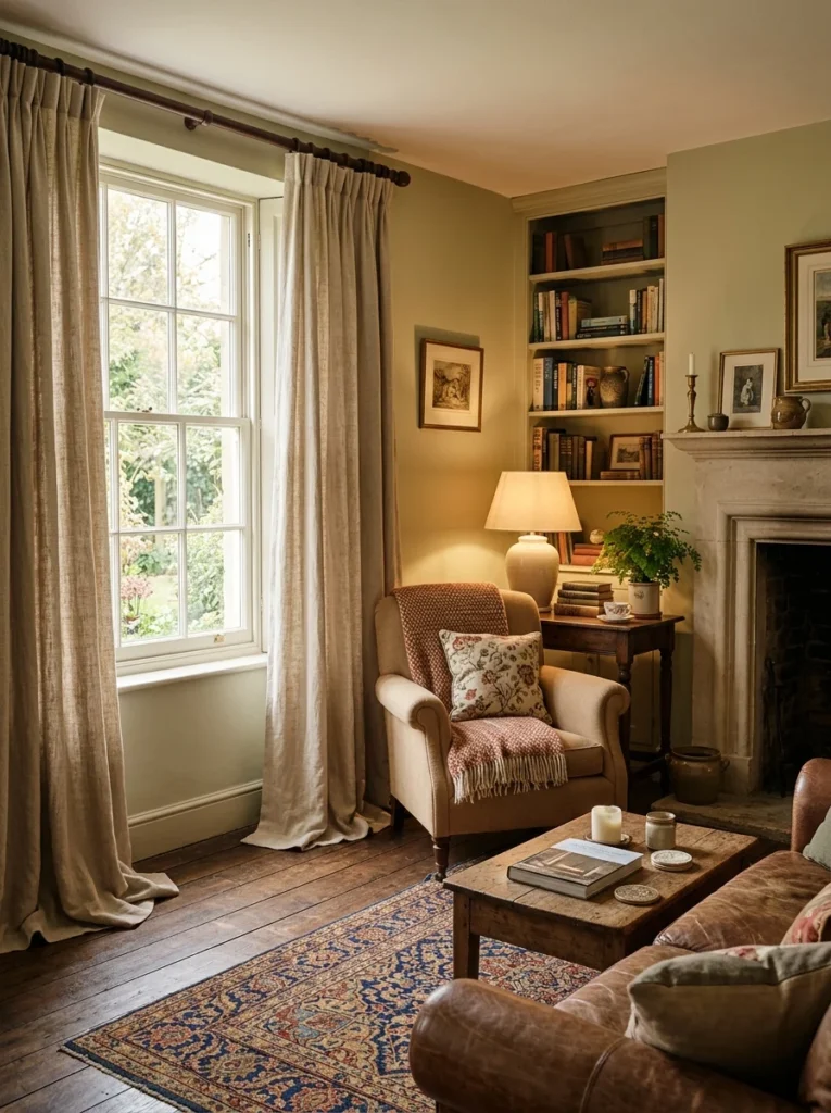 Curtains gently touching the floor with a soft natural fold.
