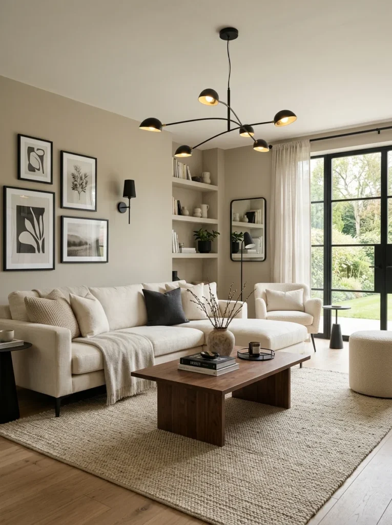 Neutral living room featuring black accents and dark wood furniture.