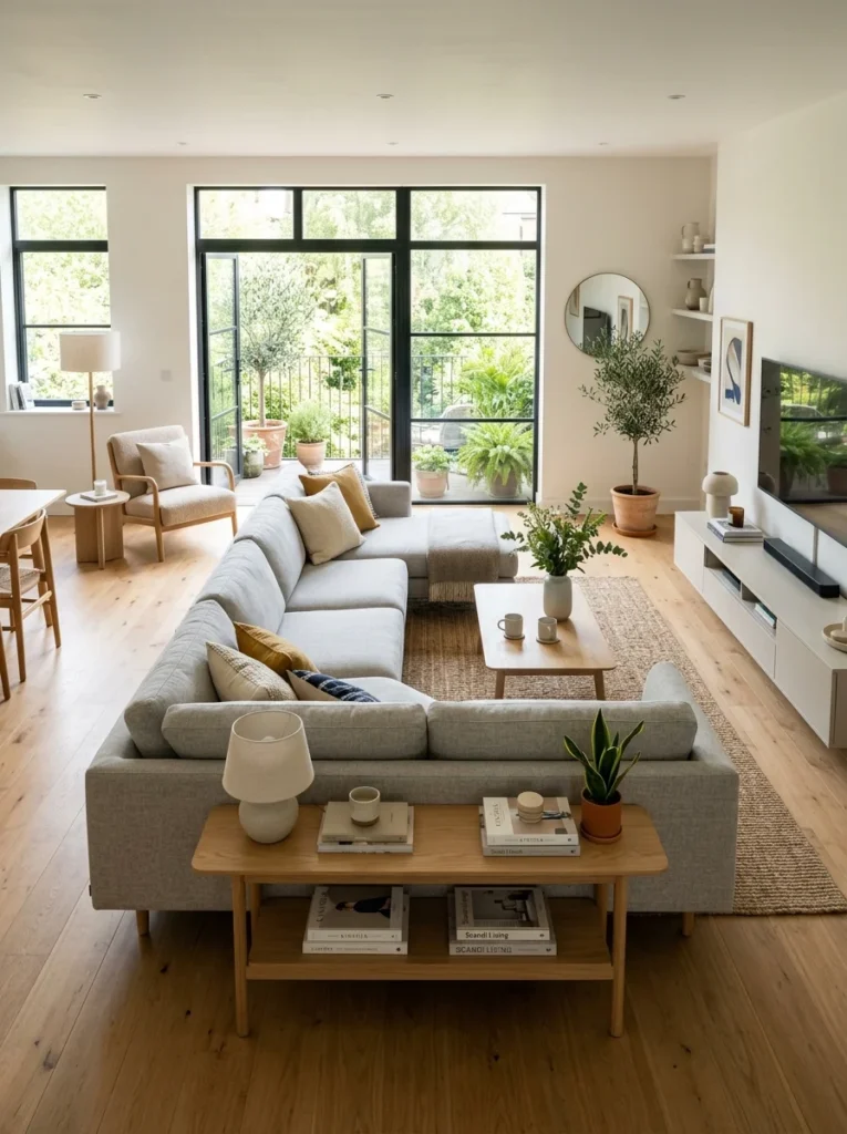 Sectional sofa positioned away from the wall for better balance and circulation.