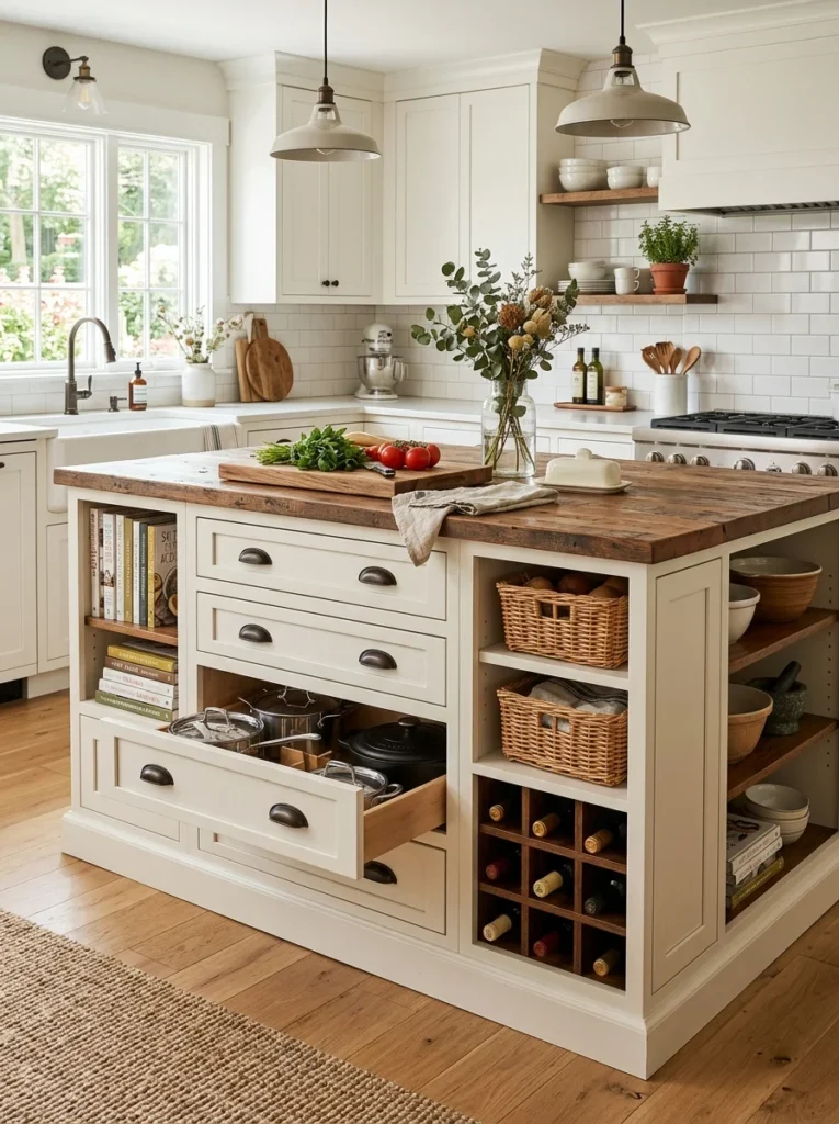 Kitchen island with drawers, shelves, and organized storage solutions.