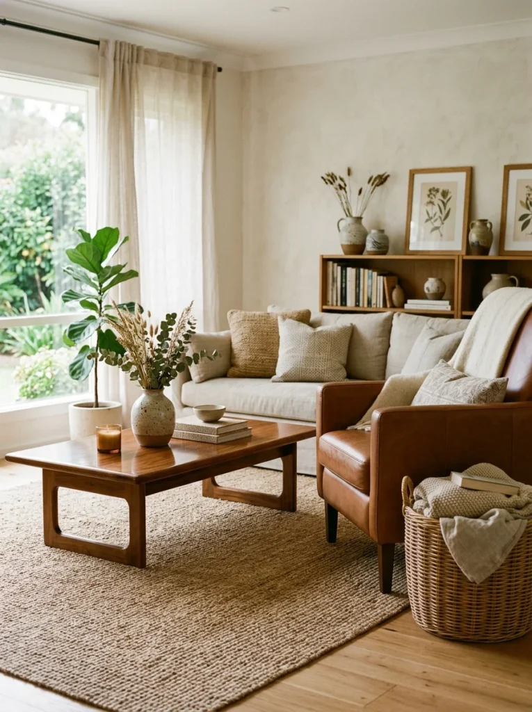 Balanced combination of rough and smooth materials in a cozy living room.