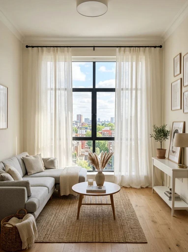 High-mounted curtains making a small rental living room appear taller and more spacious.