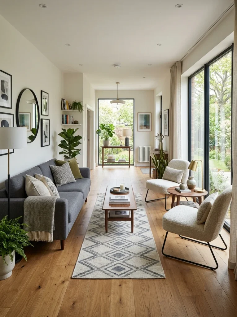 Long narrow living room using a linear furniture arrangement for comfortable seating.