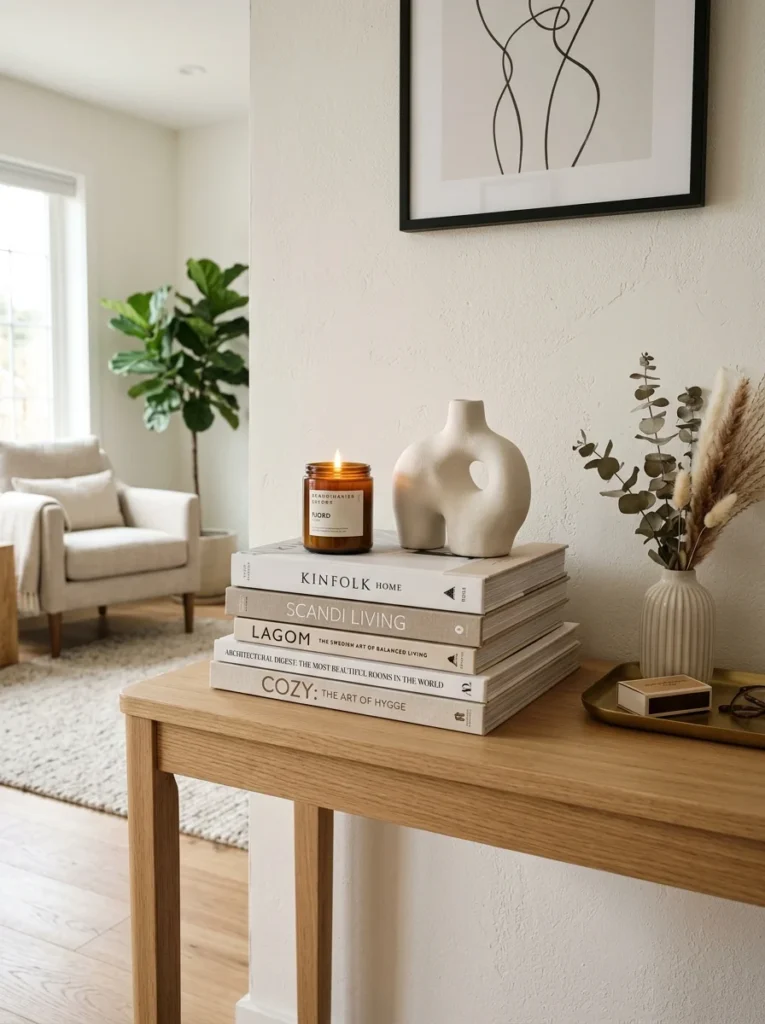 Coffee table books adding height and style to a console table.