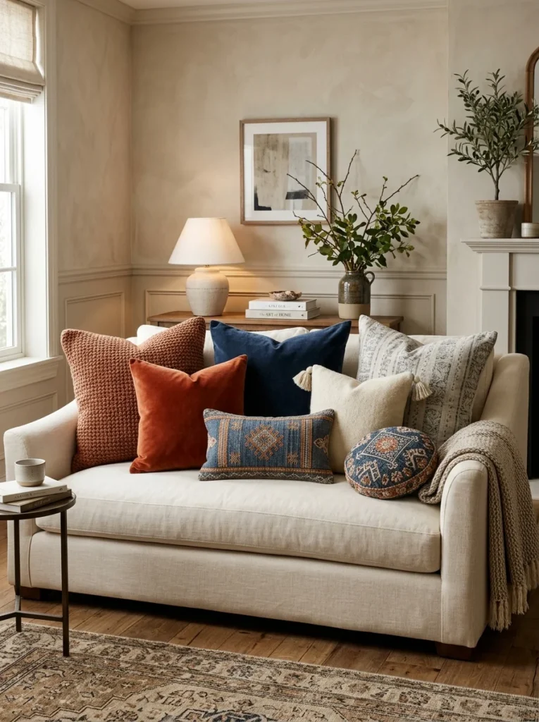 Decorative throw pillows in multiple sizes creating depth on a sofa.