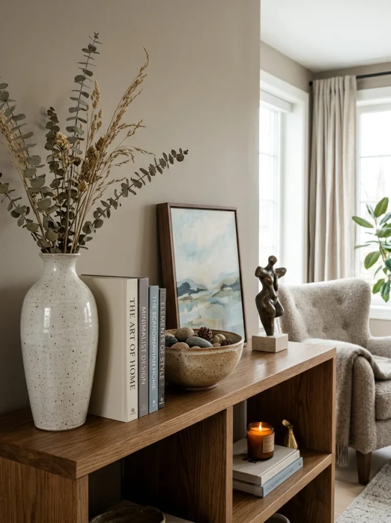 Living room shelf styled with tall vase, stacked books, and decorative accents of varying heights.