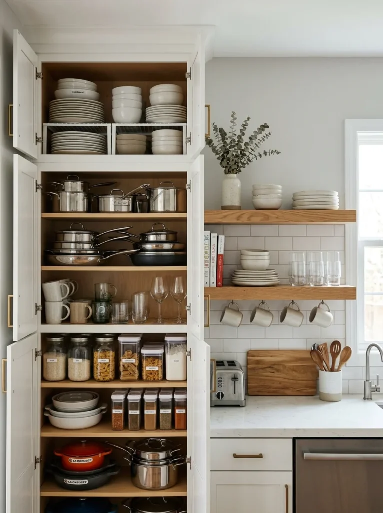 Comparison of upper cabinets and open shelves showing different kitchen storage capacities.