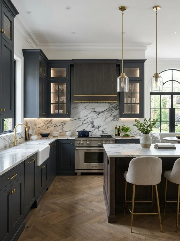 Full-height quartz slab backsplash creating a grout-free modern kitchen design.