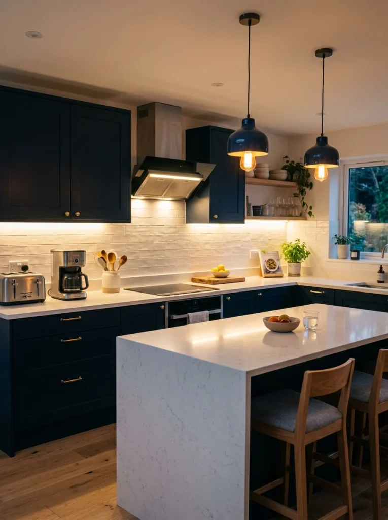 Kitchen with warm LED lighting creating a brighter and more inviting atmosphere.