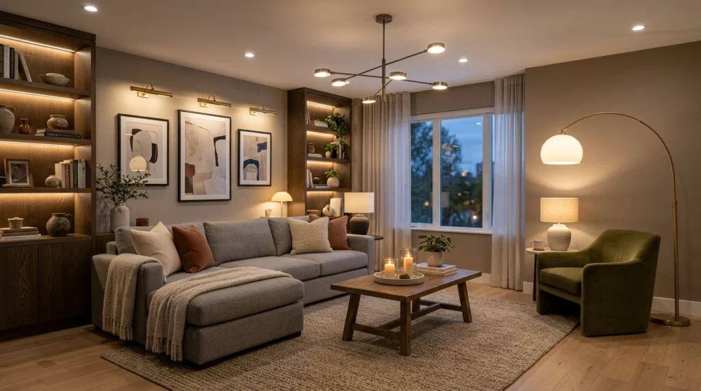 Living room designed with multiple light sources for balanced layered lighting.