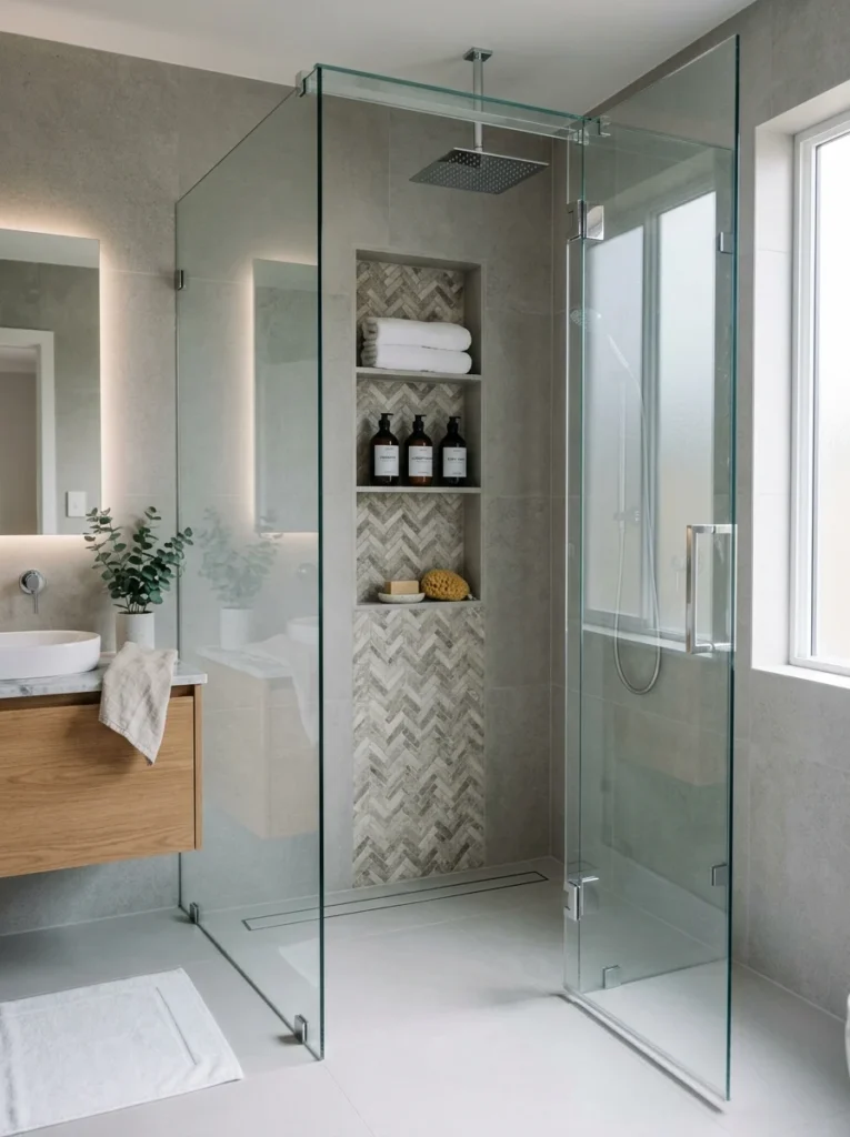 Built-in shower niche providing storage without taking up extra space.
