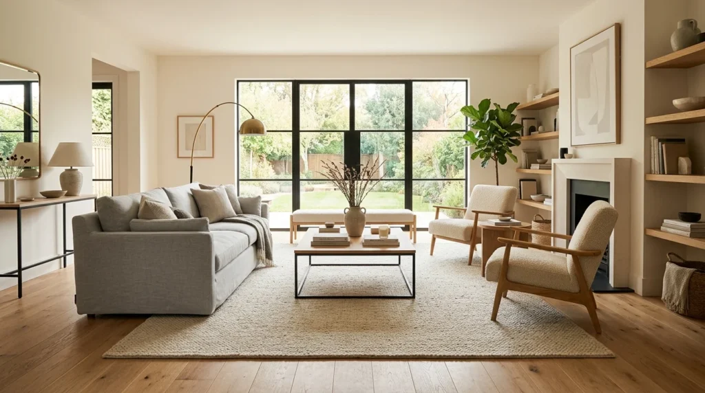 Living room showing the ideal amount of visible flooring around an area rug.