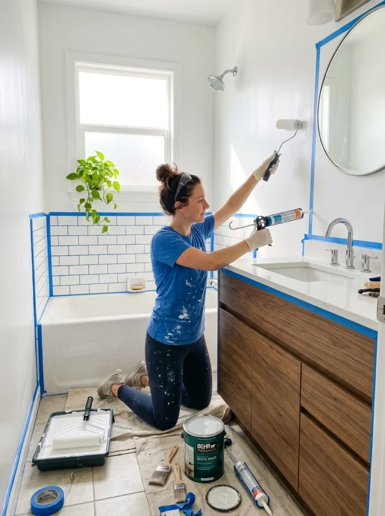 Painting bathroom walls and applying fresh caulk during a DIY renovation.