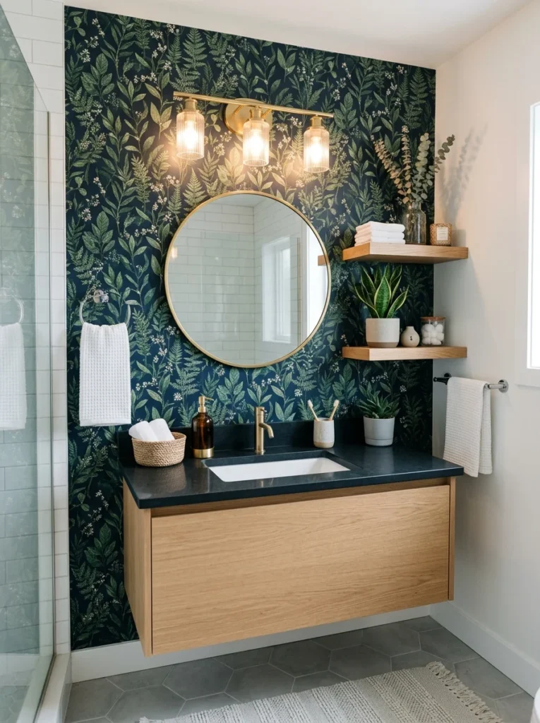 Modern guest bathroom with decorative wallpaper behind the vanity.