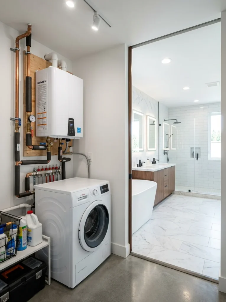Wall-mounted tankless water heater providing energy-efficient hot water.