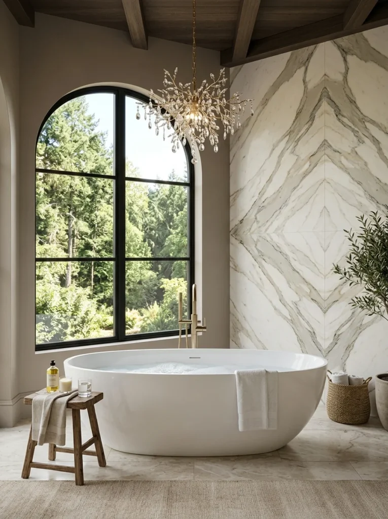 Elegant freestanding soaking tub positioned as the centerpiece of a luxury bathroom.