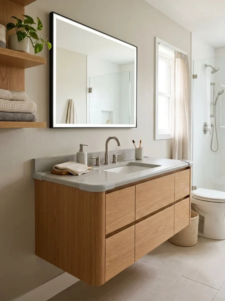 Rounded bathroom countertop edges designed for child safety.