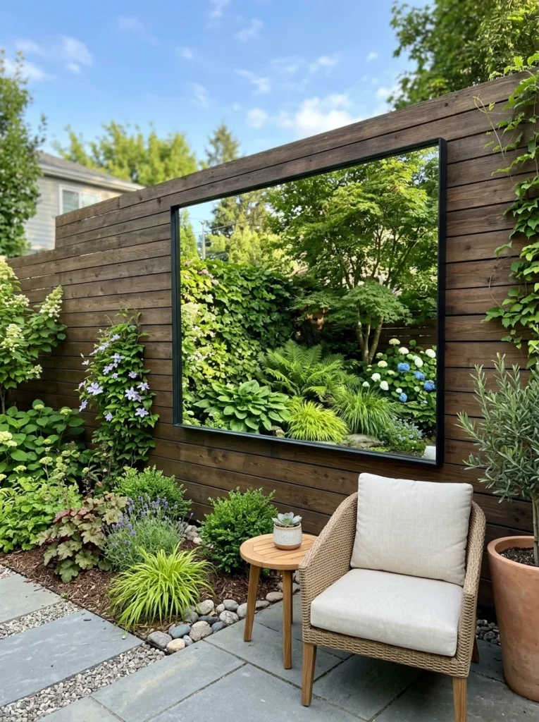 Decorative outdoor mirror creating depth in a compact backyard.