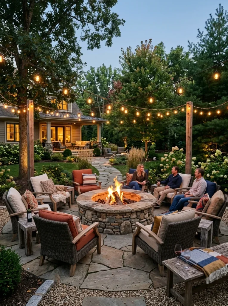 Circular outdoor seating around a fire pit
