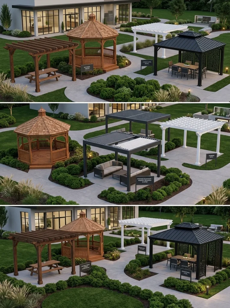 Outdoor structures built from wood, aluminum, vinyl, and steel materials.