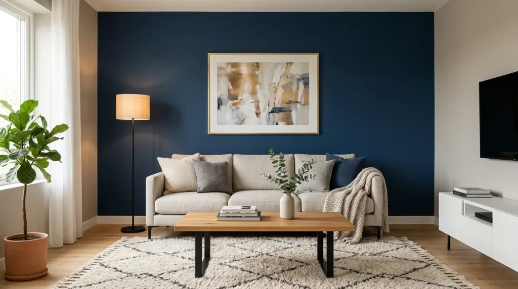 Living room with a bold accent wall demonstrating how paint transforms a budget-friendly space