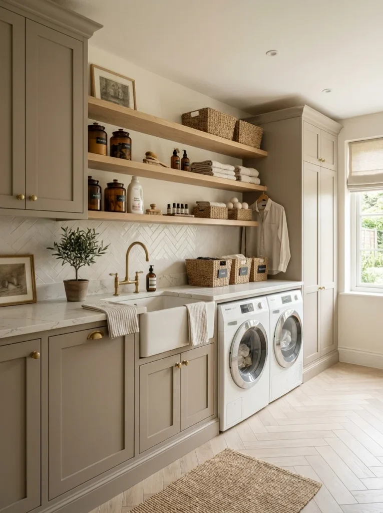 Modern laundry room with cabinets and countertop for storage and folding.