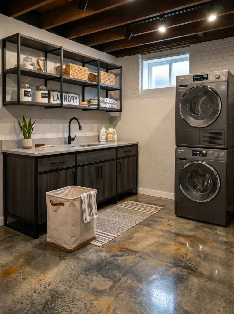 Polished sealed concrete flooring in a contemporary laundry room.