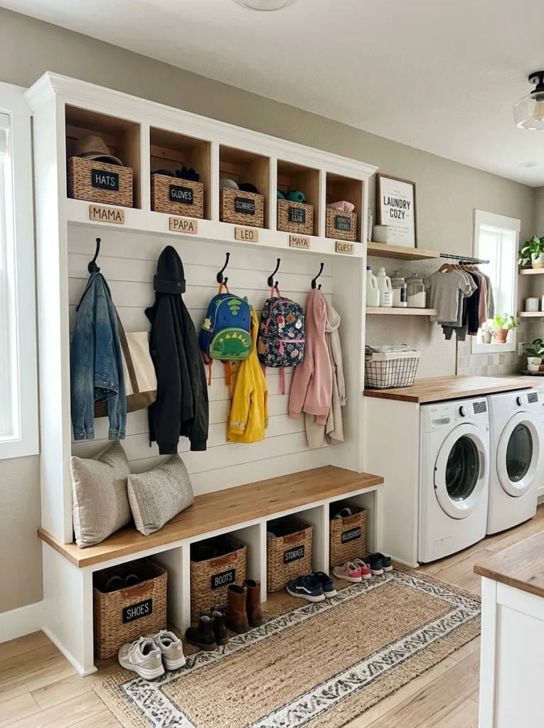 Organized wall hooks and storage cubbies for coats, bags, and family essentials.