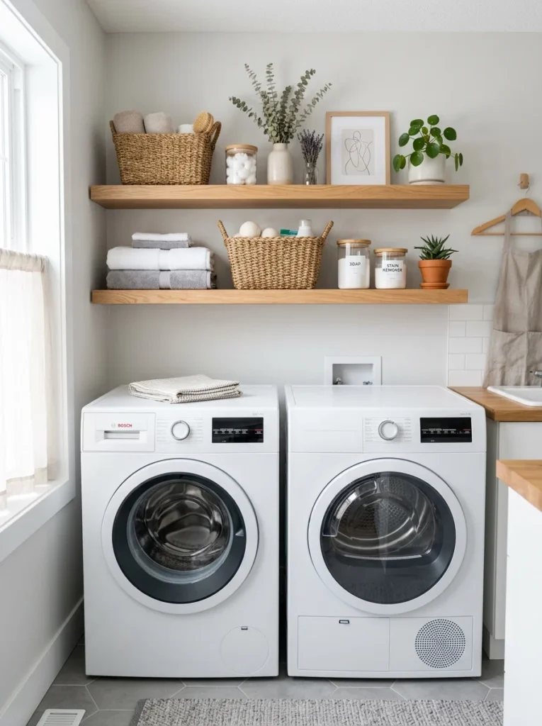 Floating shelves providing stylish laundry room storage.