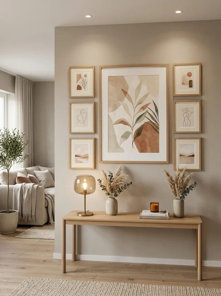Large centerpiece artwork surrounded by smaller frames.