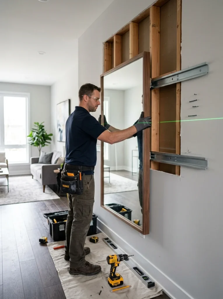 Large wall mirror mounted securely using a French cleat installation system.