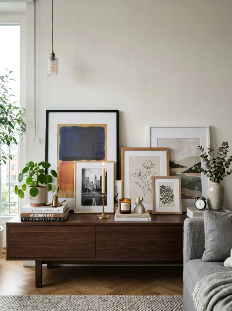 Framed artwork leaning against the wall instead of being hung