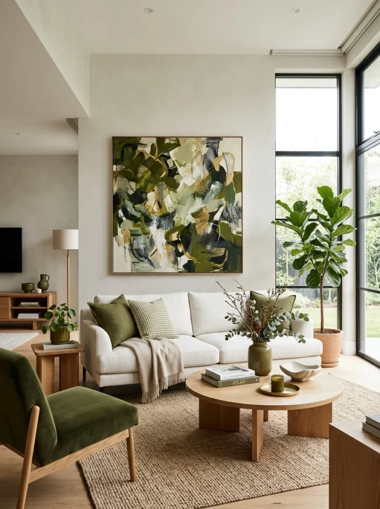 Modern living room featuring artwork that introduces olive green accents into a neutral color palette.