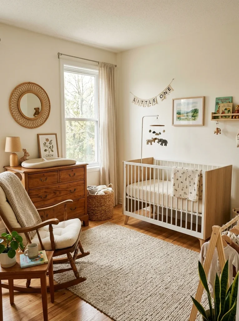 Stylish nursery featuring refurbished secondhand furniture with a modern neutral design.