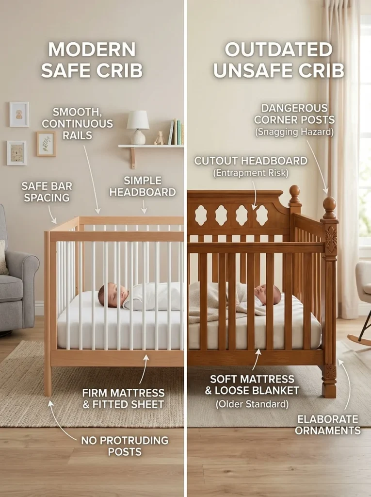 Modern crib without decorative cutouts or corner posts.