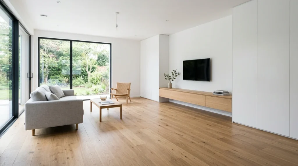 Open minimalist living room with hidden storage and clear flooring.