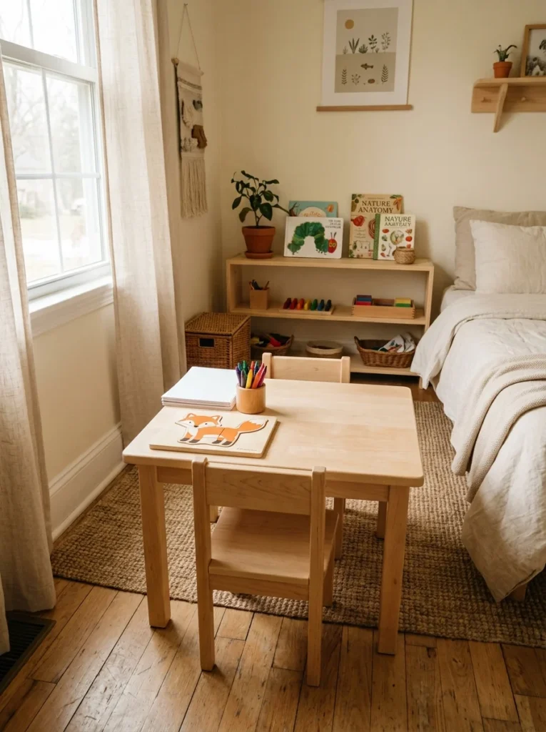Child-sized table and chair for independent learning and play.