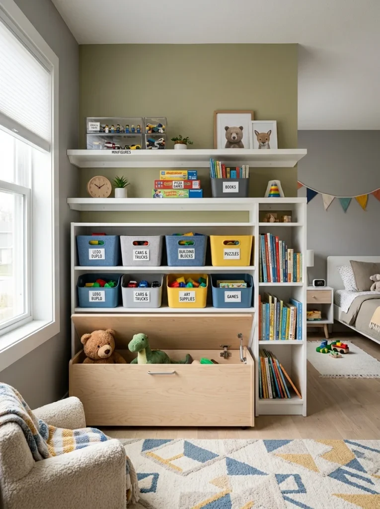 Organized toy bins with age-appropriate toys and safety-hinged toy chest.